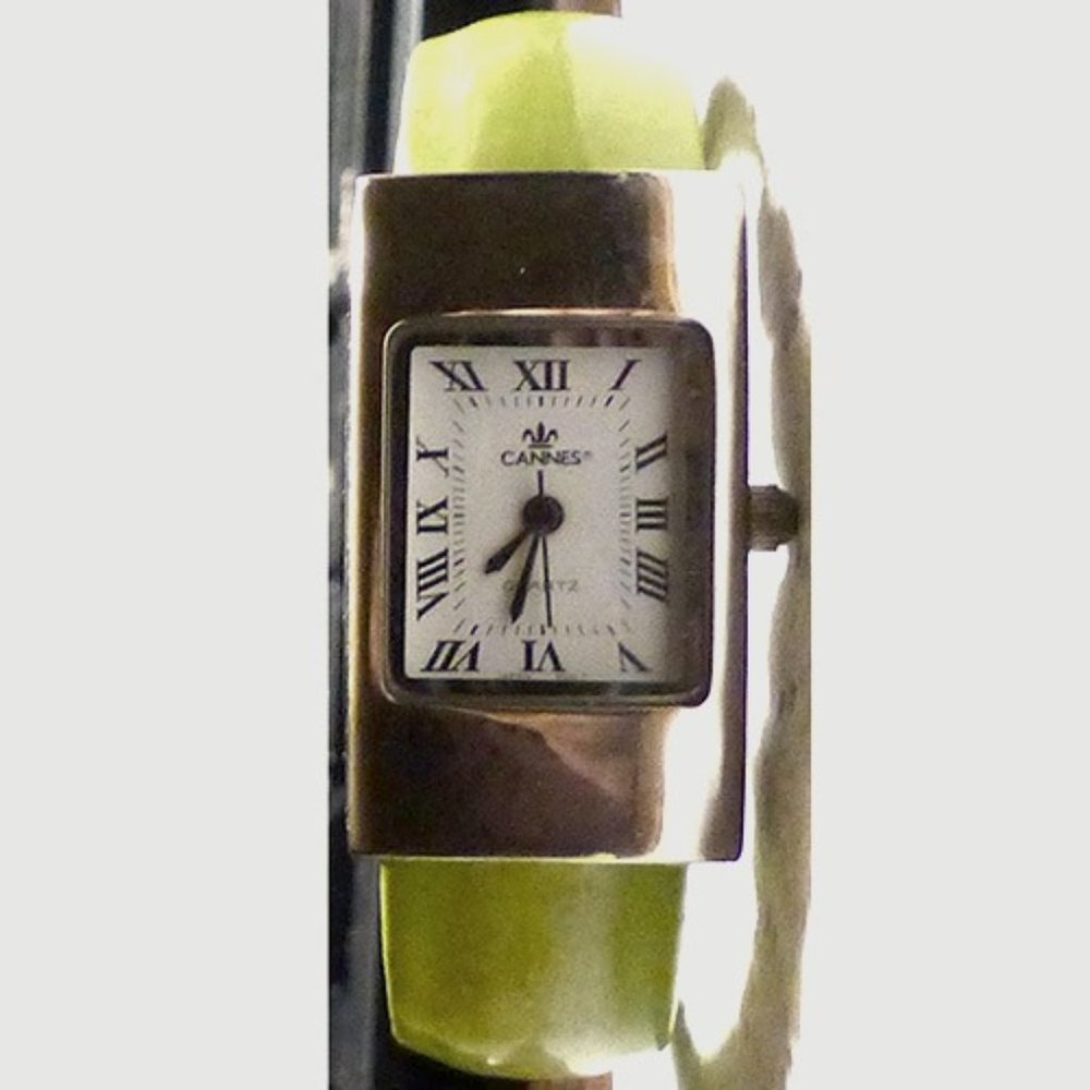 Cannes Ladies Wristwatch Green Leather or Vinyl Cuff Bracelet